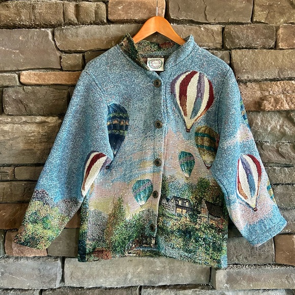 Sugar Street Weavers Jackets & Blazers - Sugar Street Weavers VTG 80 Cottagecore Boho Tapestry Hot Air Balloon Art Jacket